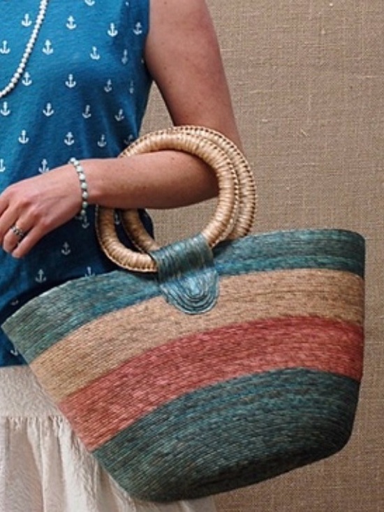 Handbags - Palm Leaf Straw Handwoven Striped Market Beach Pool Tote Bag Circle Handle